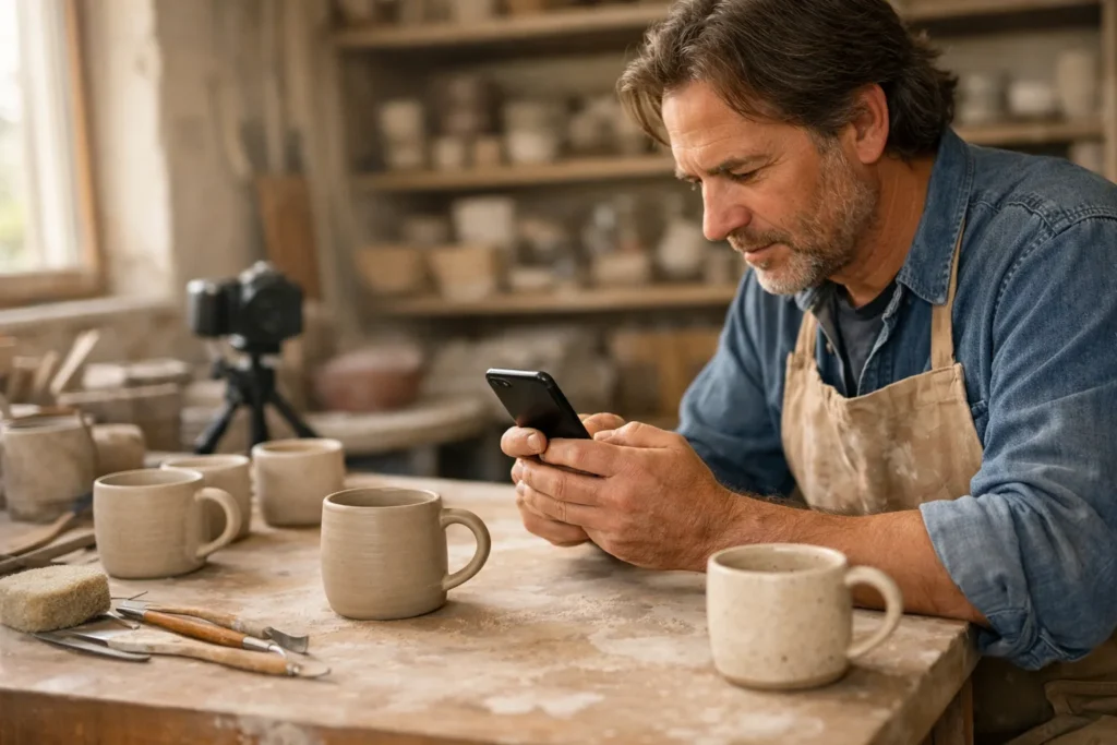 Keramiker betrachtet an einem Arbeitstisch mit selbstgemachten Bechern in einem Atelier ein Smartphone.