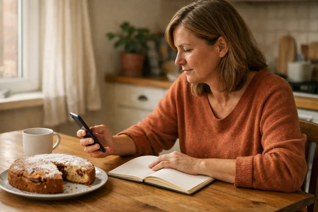 Person betrachtet am Küchentisch ein Smartphone mit einem selbst gebackenen Kuchen und einem geöffneten Notizbuch.