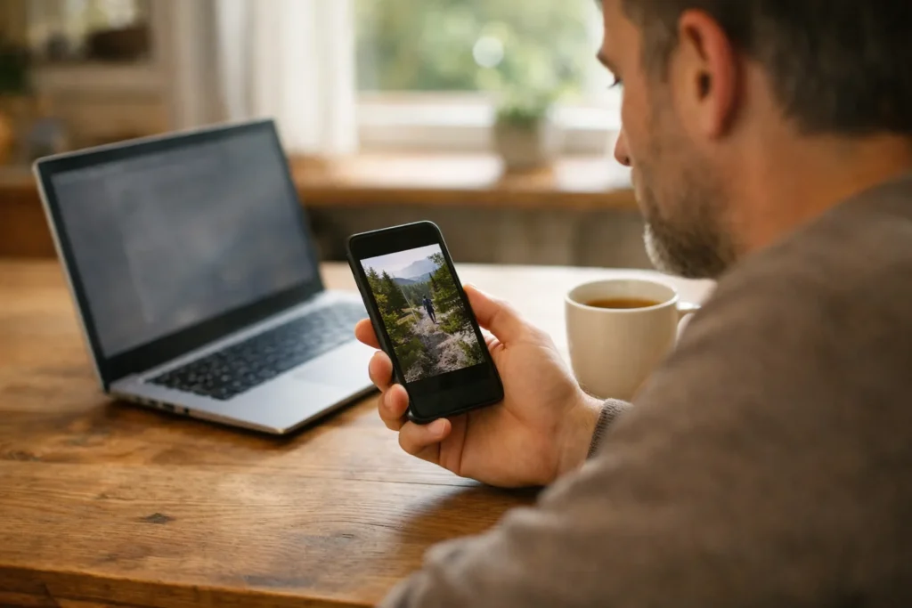 Person betrachtet am Küchentisch ein Smartphone mit einem Laptop daneben.