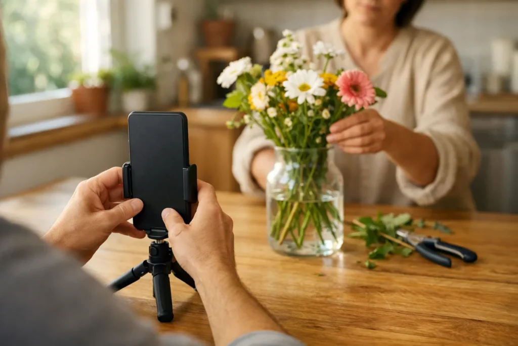Jemand filmt mit einem aufrecht aufgestellten Telefon, wie ein Blumenstrauß für ein Instagram Reel arrangiert wird.