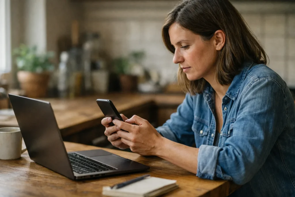 Person überprüft ein Telefon neben einem Laptop am Küchentisch.