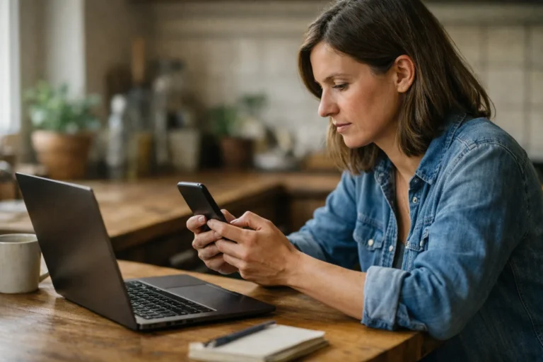 Person überprüft ein Telefon neben einem Laptop am Küchentisch.
