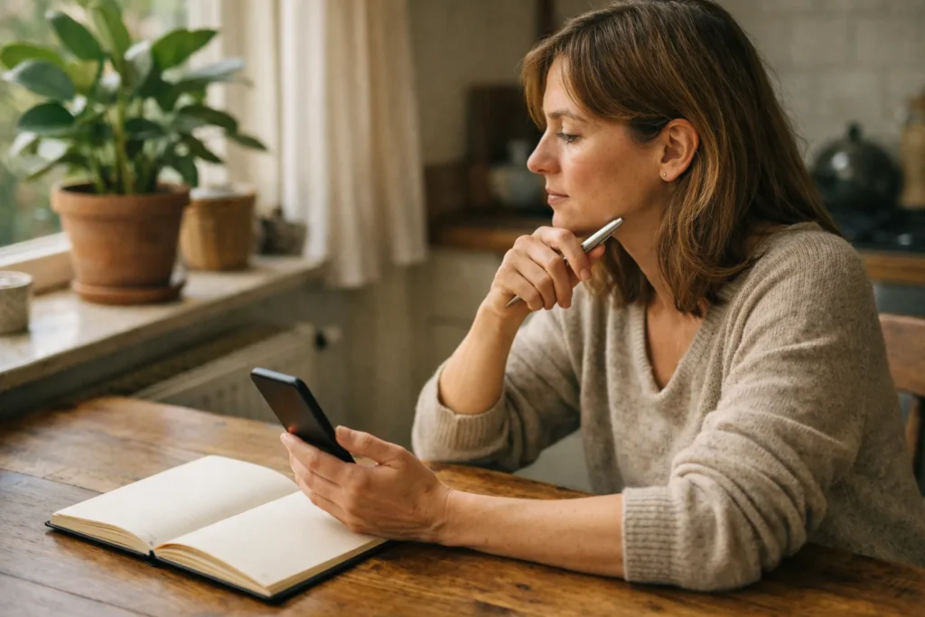 Person am Küchentisch mit Telefon und Notizbuch beim Erstellen einer Instagram Bio