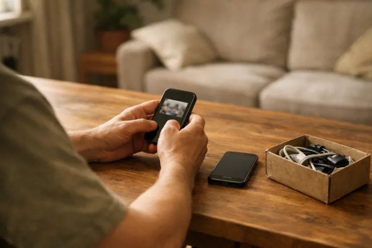 Person betrachtet an einem Tisch ein altes Handy, um persönliche Videos wiederzufinden.