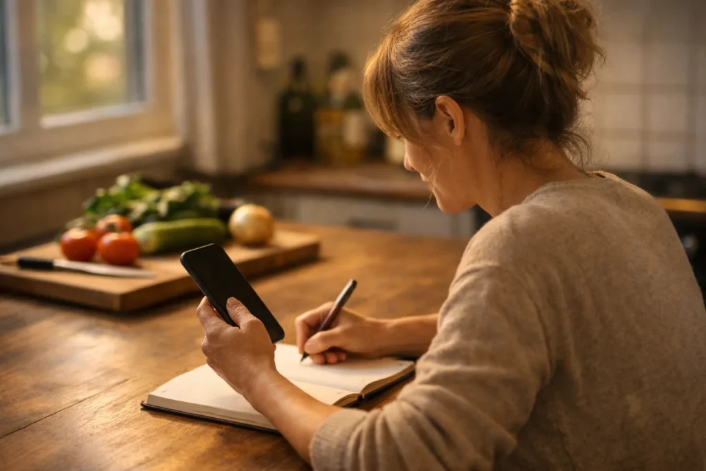 Person am Küchentisch, die mit einem Smartphone und einem Notizbuch das Posten eines Reels plant.