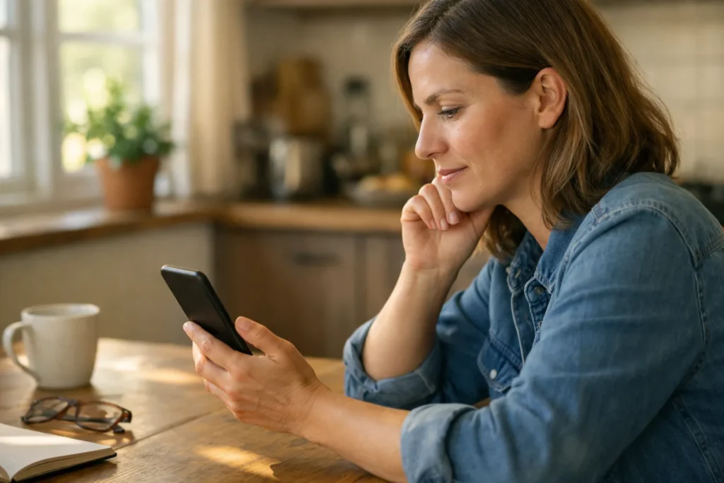 Eine Person betrachtet am Küchentisch ein Smartphone.