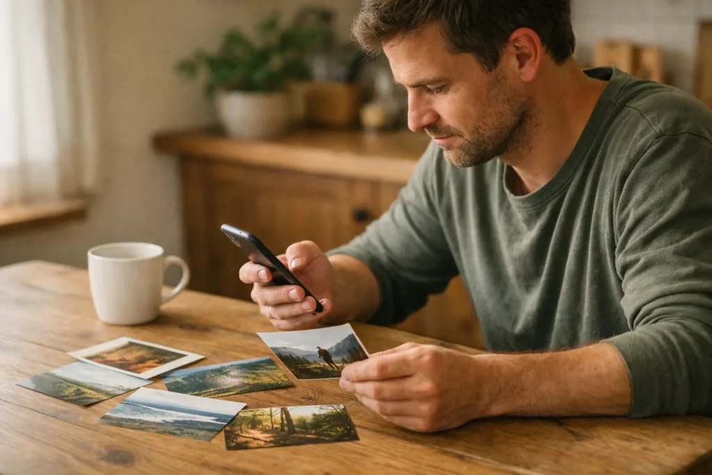 Person betrachtet ein Smartphone und wählt am Küchentisch Fotos für einen nächsten Instagram Beitrag aus.