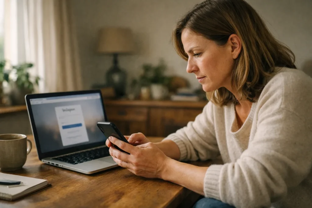 Person an einem hölzernen Esstisch, die mit einem Smartphone und Laptop ein Anmeldeproblem untersucht.