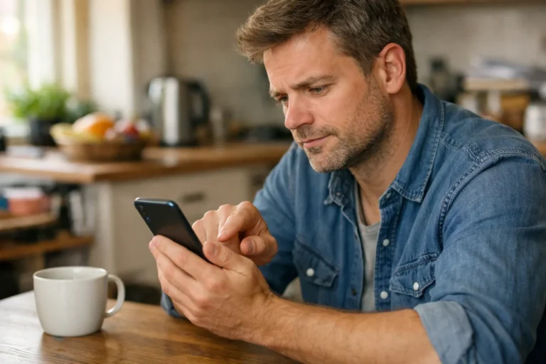 Person am Küchentisch, die versucht, Kommentare zu einem Video auf einem Smartphone anzusehen.
