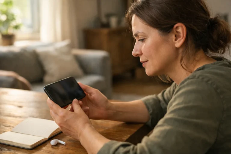 Person, die zu Hause den Ton eines eigenen Videos auf einem Smartphone prüft.