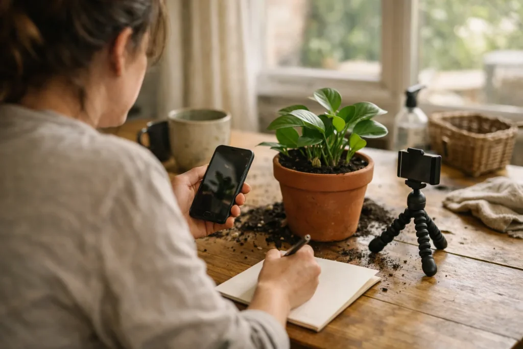 Person betrachtet ein Smartphone und macht sich nach dem Filmen des Umtopfens einer Pflanze Notizen.