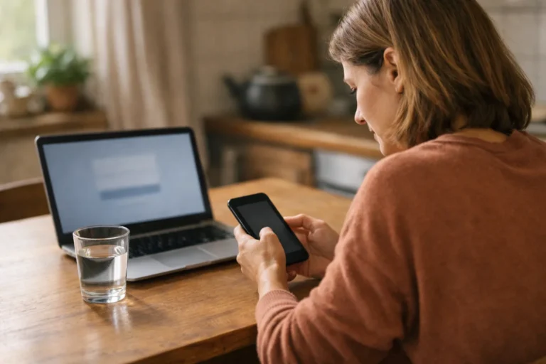 Person prüft bei Problemen mit der Facebook Anmeldung ein Smartphone neben einem geöffneten Laptop.