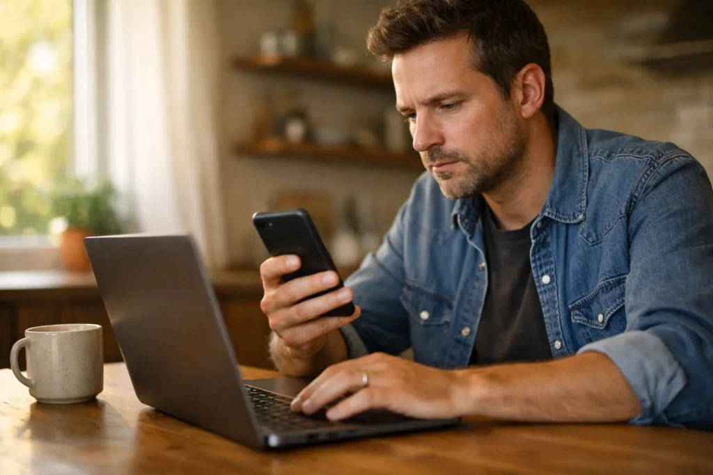 Person vergleicht ein Smartphone mit einem Laptop, um ein Anmeldeproblem bei Instagram zu untersuchen.