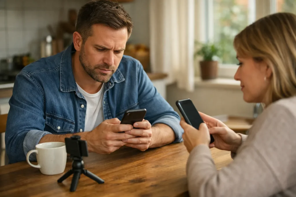 Zwei Menschen prüfen zu Hause auf ihren Telefonen, ob ein veröffentlichtes Video sichtbar ist.