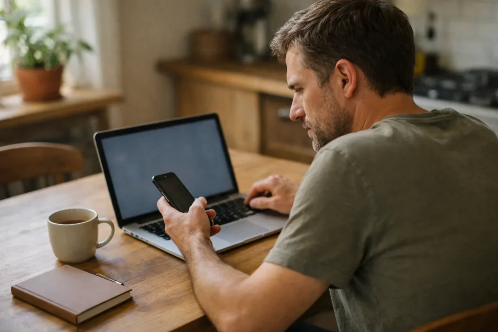 Person vergleicht ein Smartphone und einen Laptop, um zu untersuchen, warum Facebook nicht funktioniert.