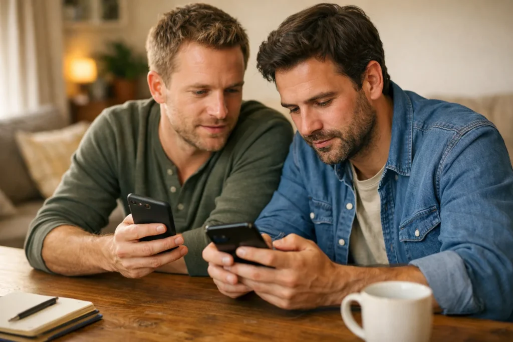 Zwei Freunde überprüfen gemeinsam auf ihren Smartphones, ob ein Instagram Beitrag sichtbar ist.
