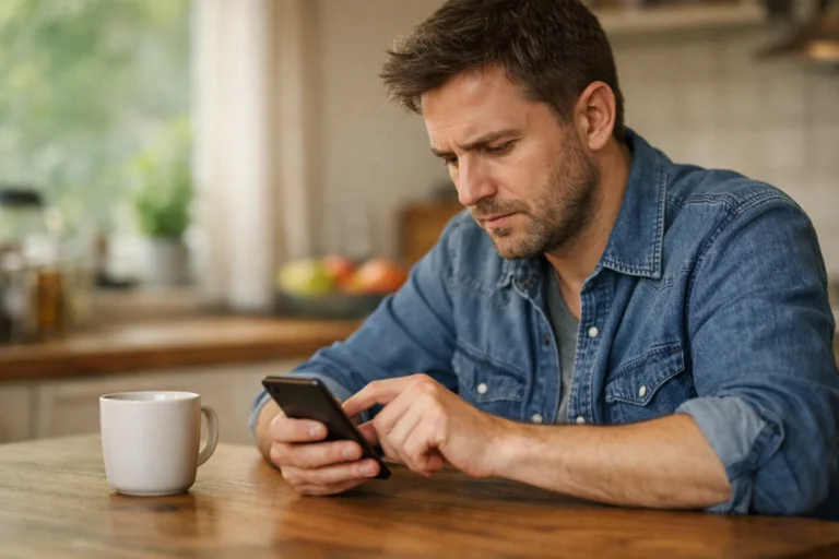 Eine Person untersucht an einem Küchentisch ein Smartphone, um ein Problem mit Messenger zu lösen.