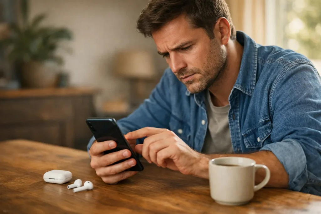 Jemand prüft an einem Tisch ein Smartphone, weil TikTok ruckelt, daneben liegen kabellose Ohrhörer.