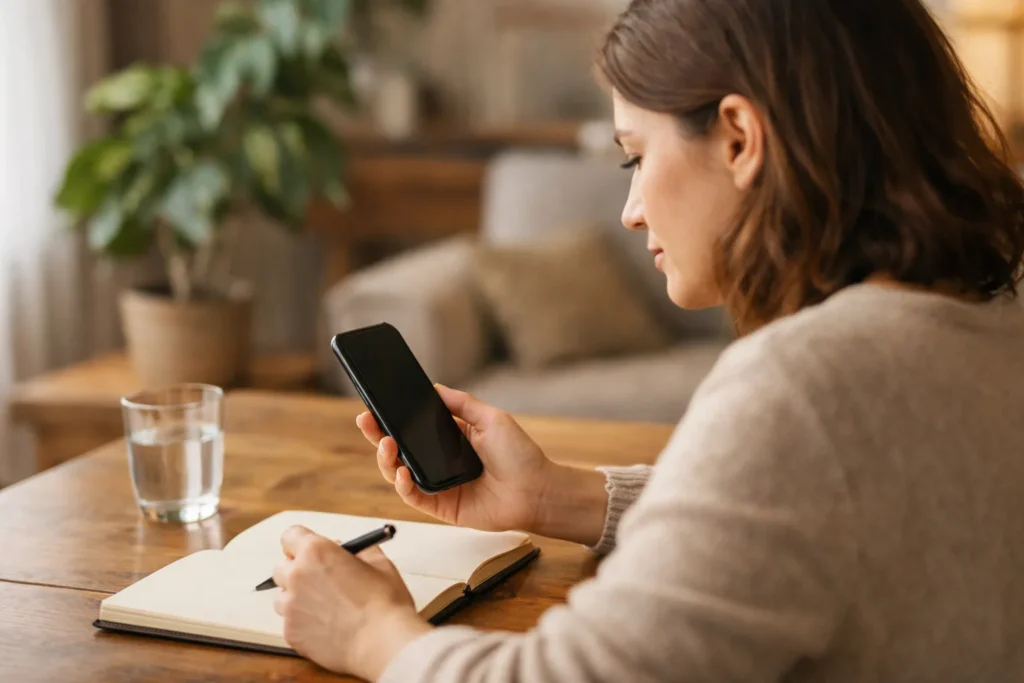 Person betrachtet ein Telefon mit einem Notizbuch, um einen Rückgang der TikTok Aufrufe zu untersuchen.