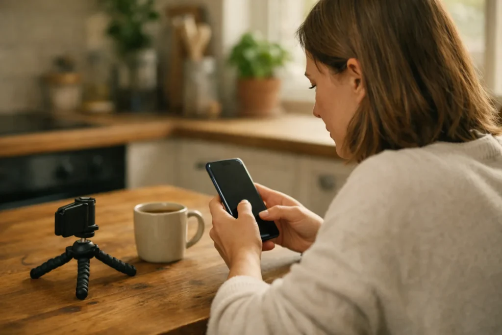Person prüft nach der Aufnahme eines Videos ein Smartphone am Küchentisch.
